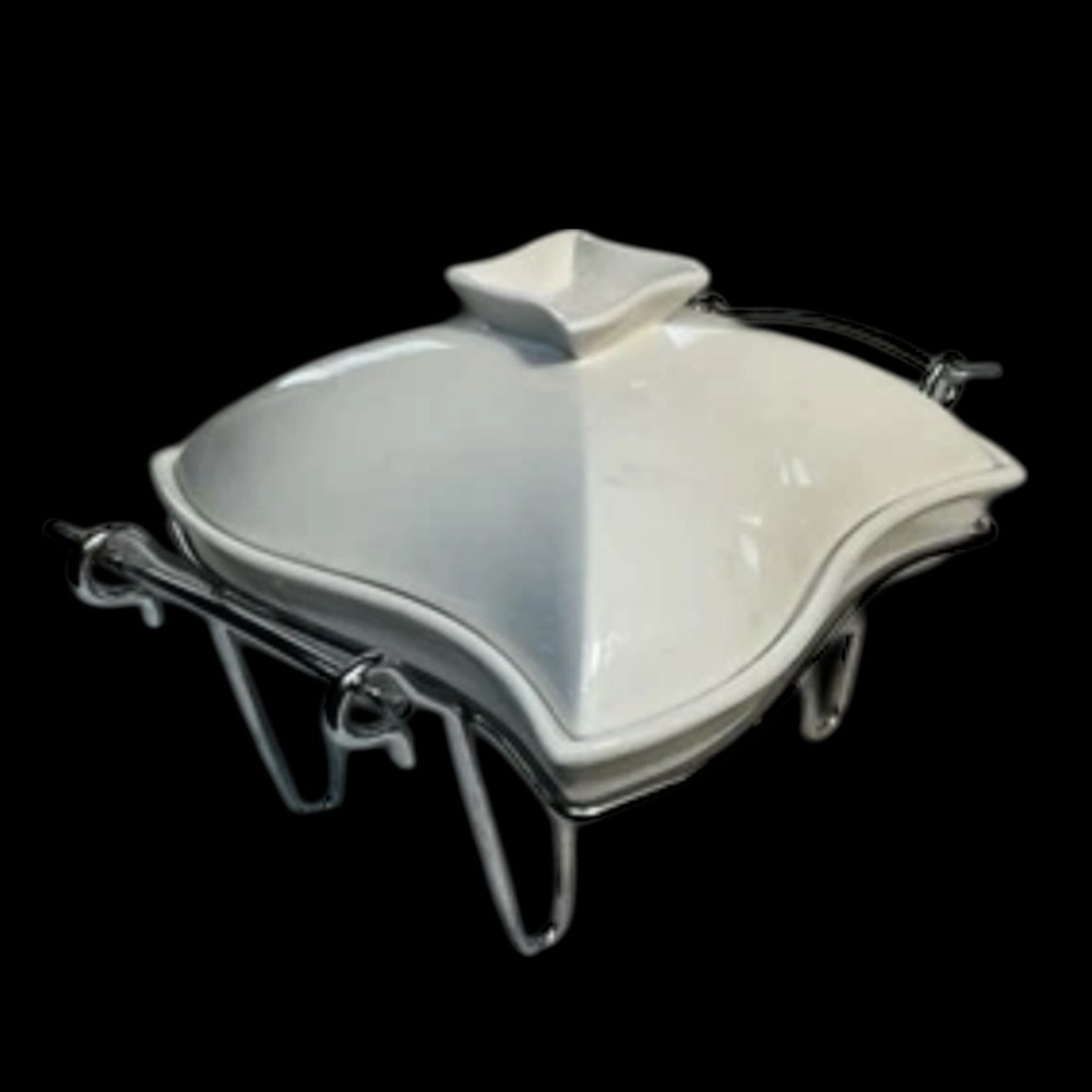 Godinger VTG Porcelain 1 Quart White Rabbit Baker Chafing Dish w/Warming Tray
